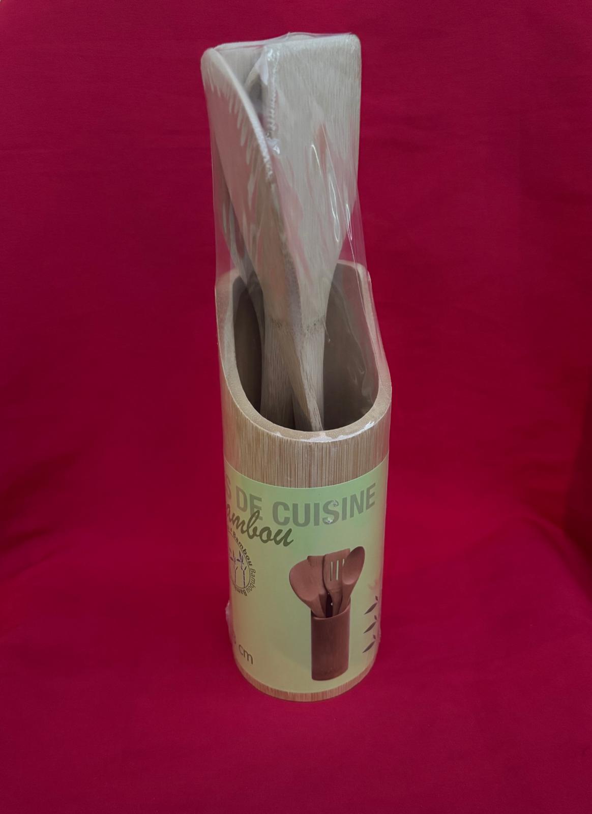 Set d’Ustensiles de Cuisine en Bambou avec Pot